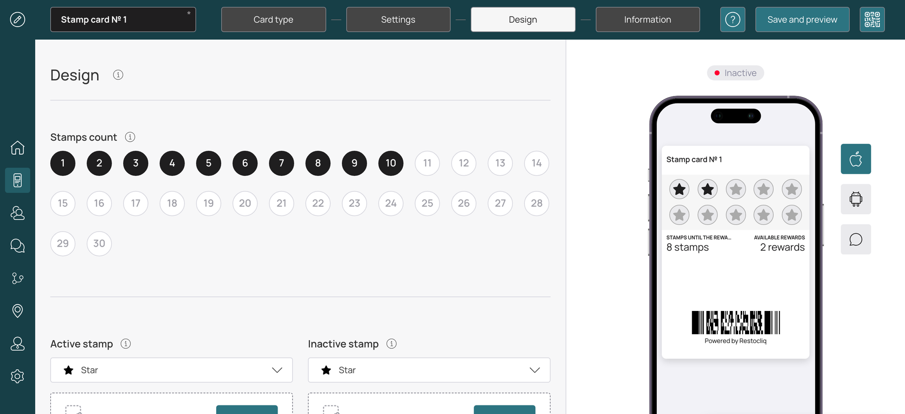The RestoCliq card designer: stamp settings on the left, a live iPhone preview of the wallet card on the right