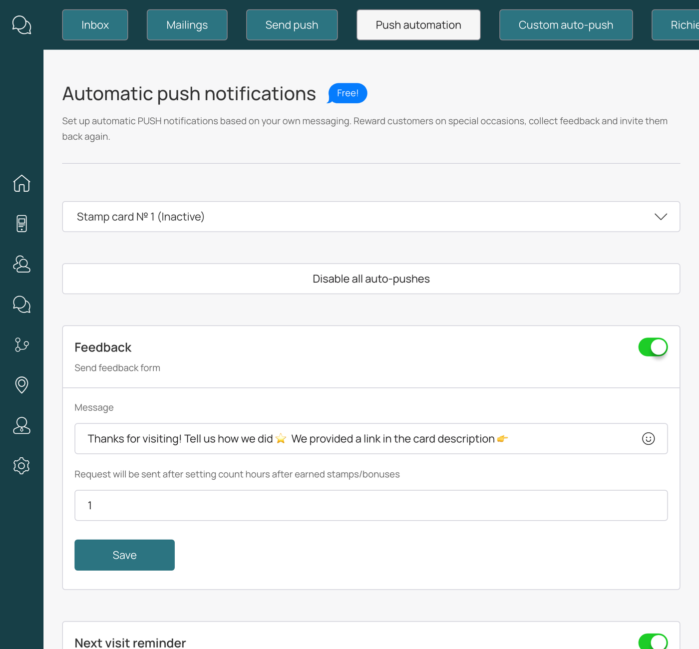RestoCliq dashboard view used when reviewing a possible café message configuration