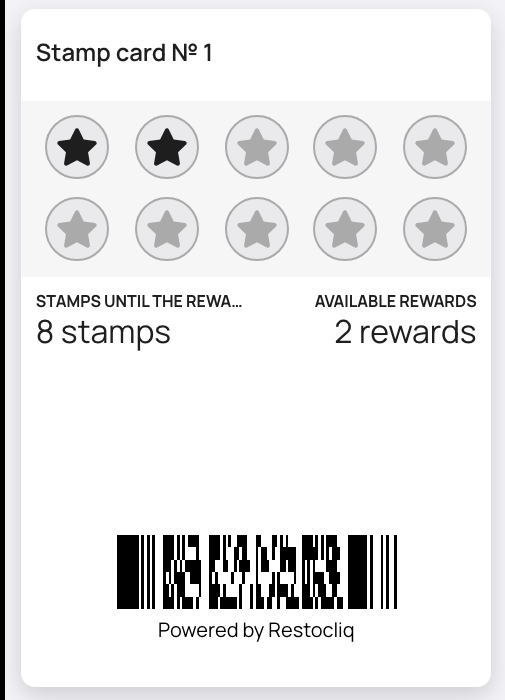 A RestoCliq stamp card inside Apple Wallet, showing earned stamps and available rewards